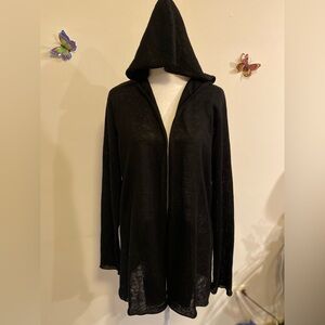 Eileen Fisher NWOT Black Hooded Linen Open Front Cardigan size Large